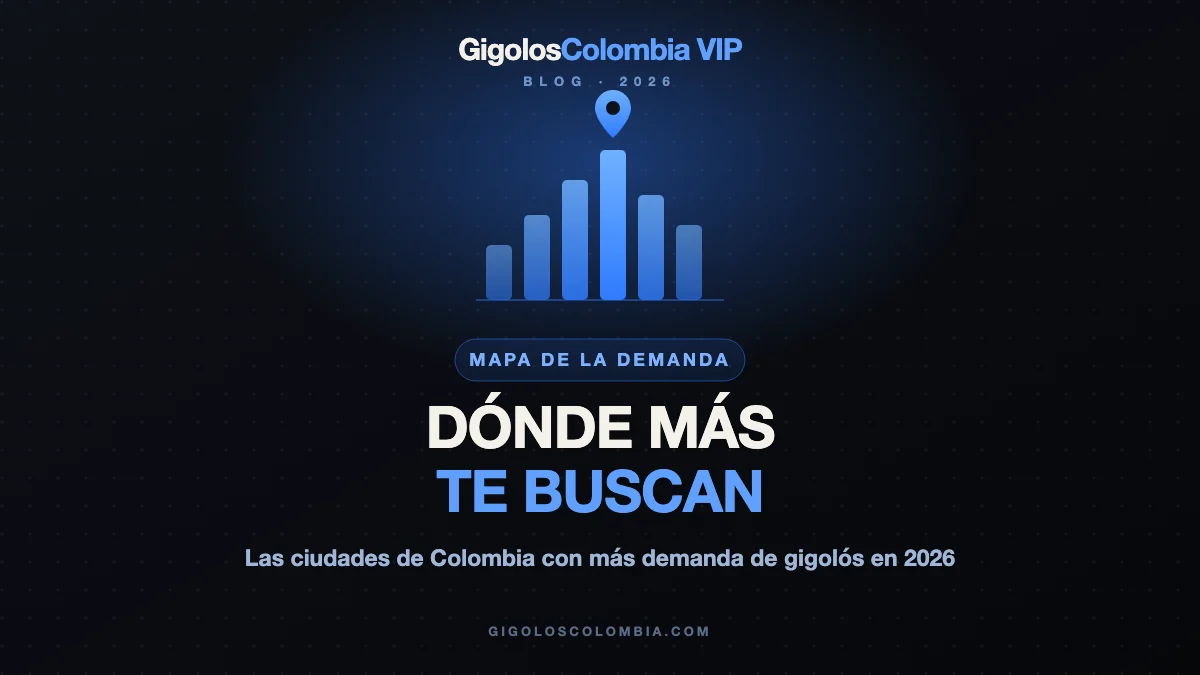 Mapa de la demanda 2026 con skyline y pines: ciudades de Colombia donde más buscan gigolós y acompañantes masculinos