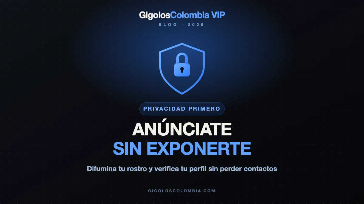 Escudo dorado con rostro difuminado y candado: anúnciate como acompañante masculino sin exponer tu identidad
